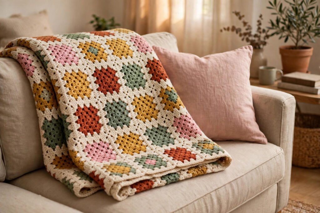 Finished crochet blanket made from joined granny squares in cream, mustard, terracotta, sage and pink folded on a sofa