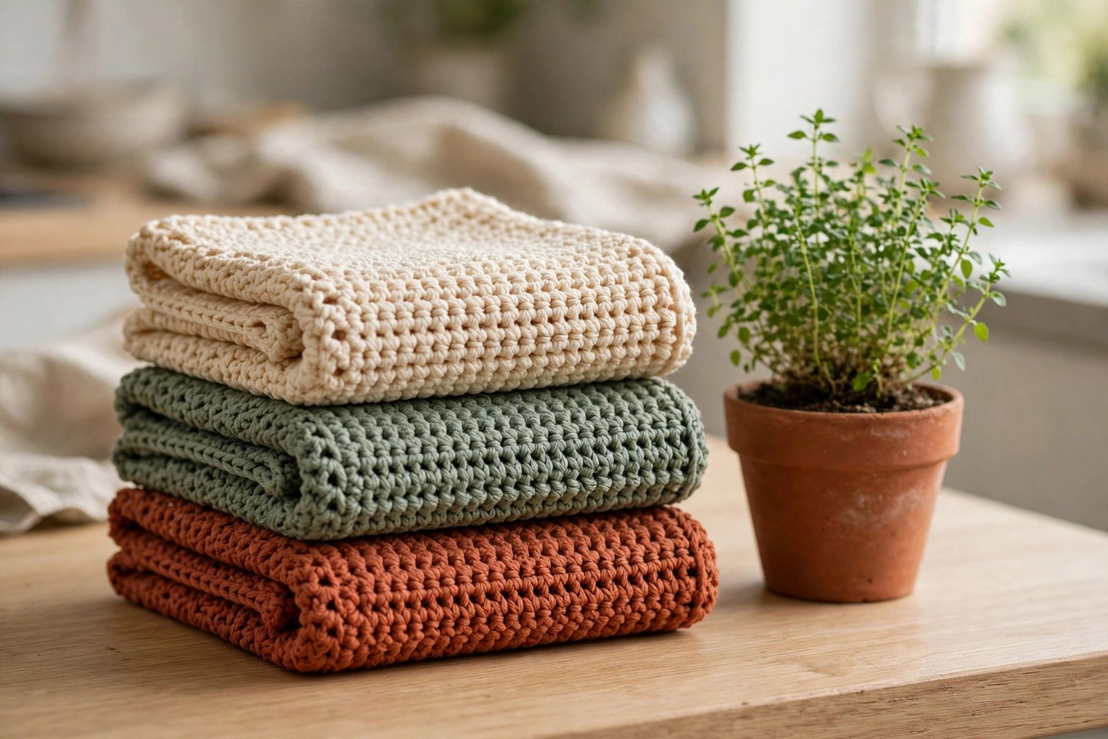 Neatly folded stack of handmade crochet dishcloths