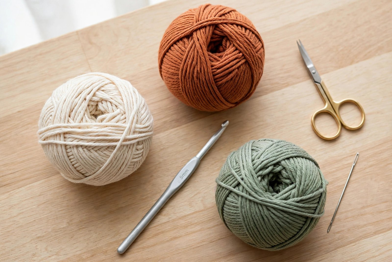 Crochet coaster materials: cotton yarn balls in cream, terracotta and sage, a 5mm crochet hook, scissors and tapestry needle