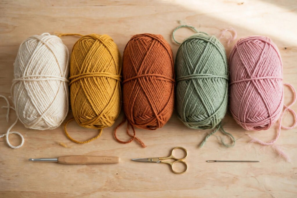 Crochet materials for a granny square: yarn balls in cream, mustard, terracotta, sage and pink, a 5mm crochet hook, scissors and tapestry needle