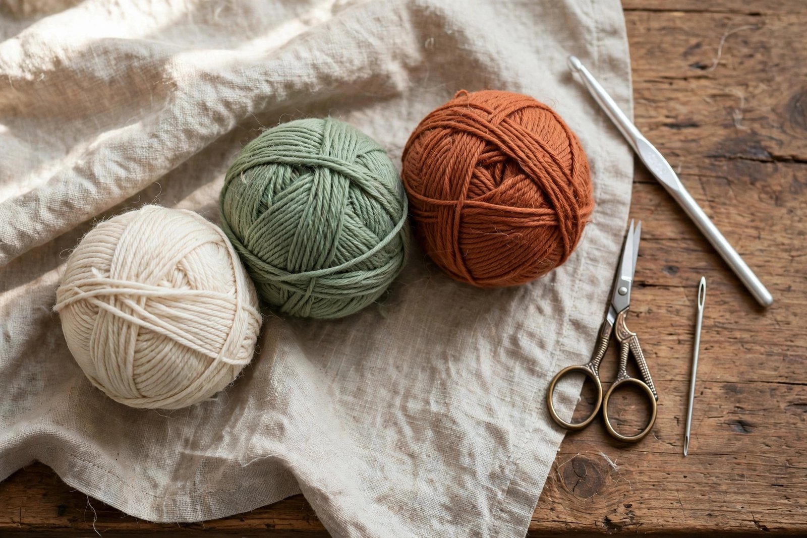 Cotton yarn, crochet hook, scissors and yarn needle for the crochet dishcloth pattern