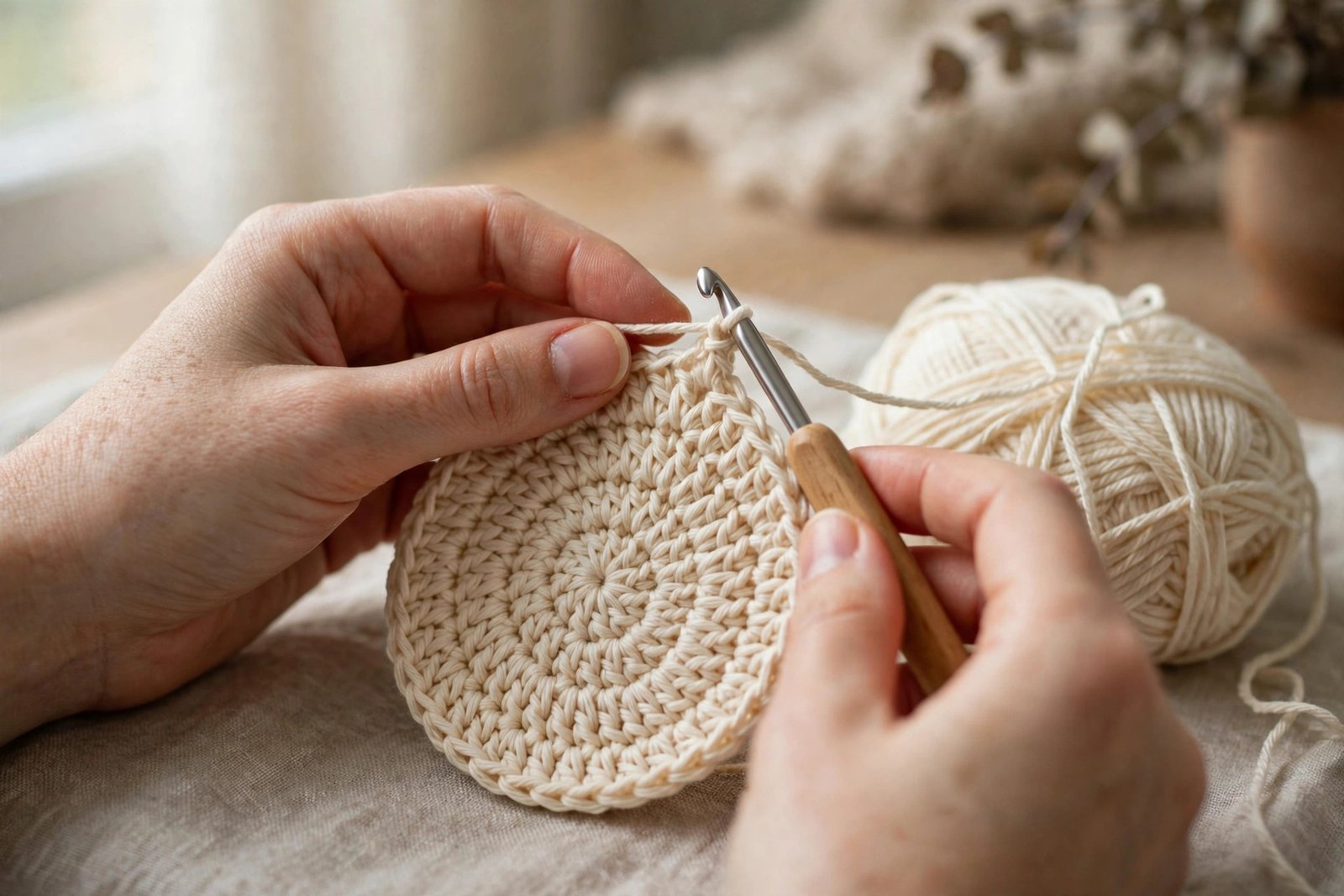 Hands crocheting a round cream cotton coaster with a crochet hook