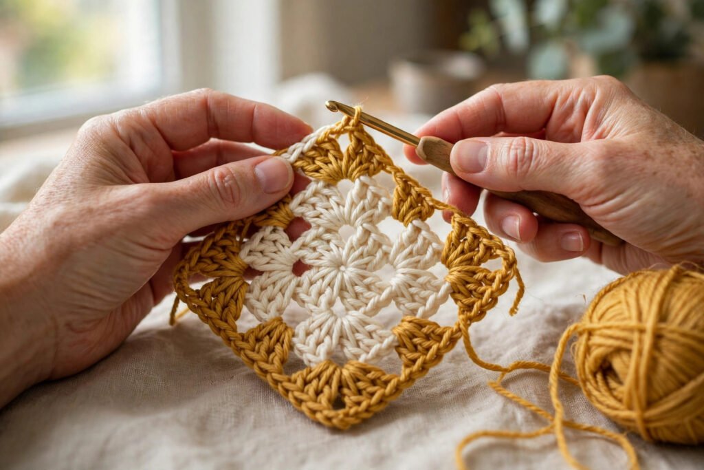 Hands crocheting a granny square in cream and mustard yarn with a crochet hook