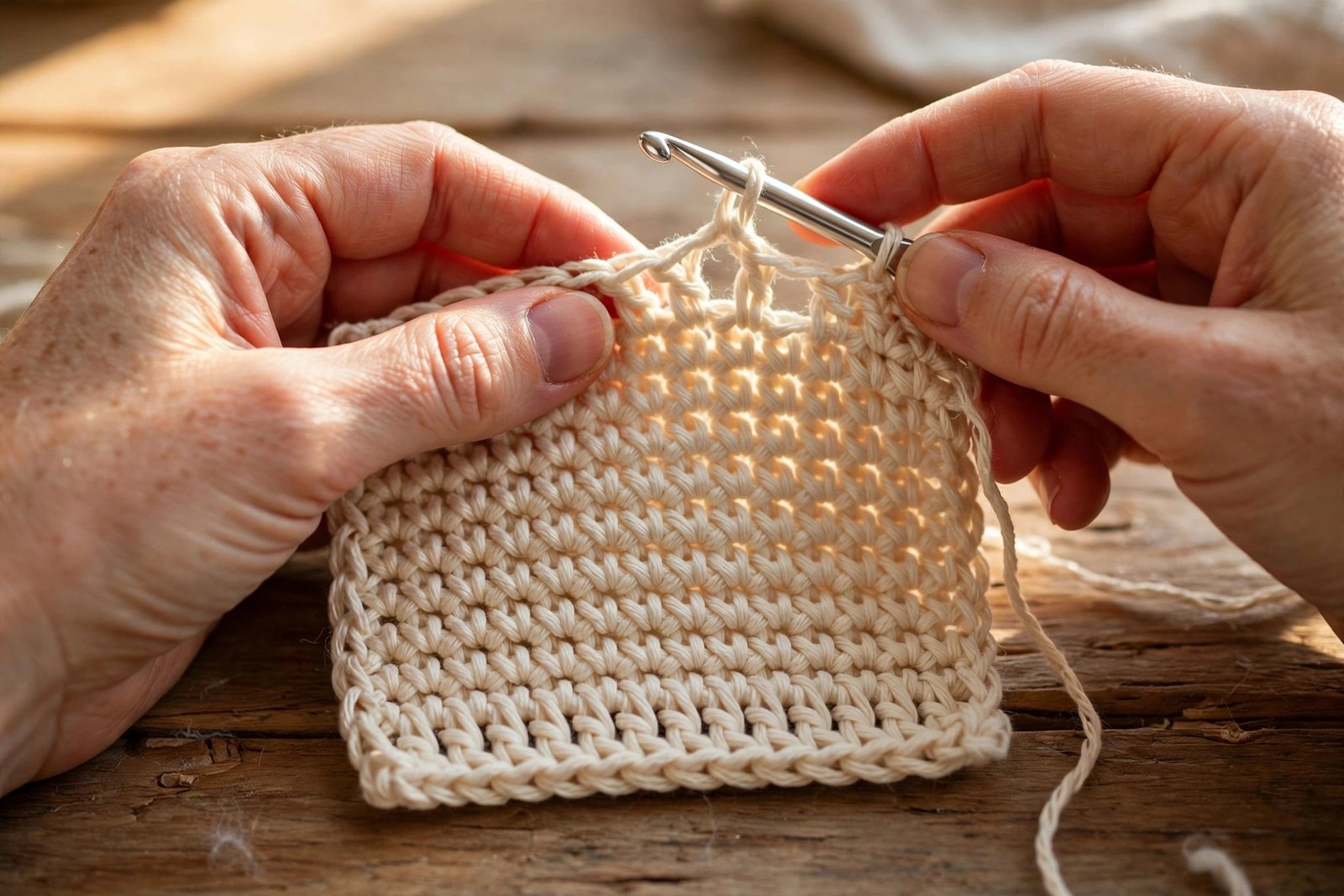 Hands crocheting a cream cotton dishcloth, work in progress