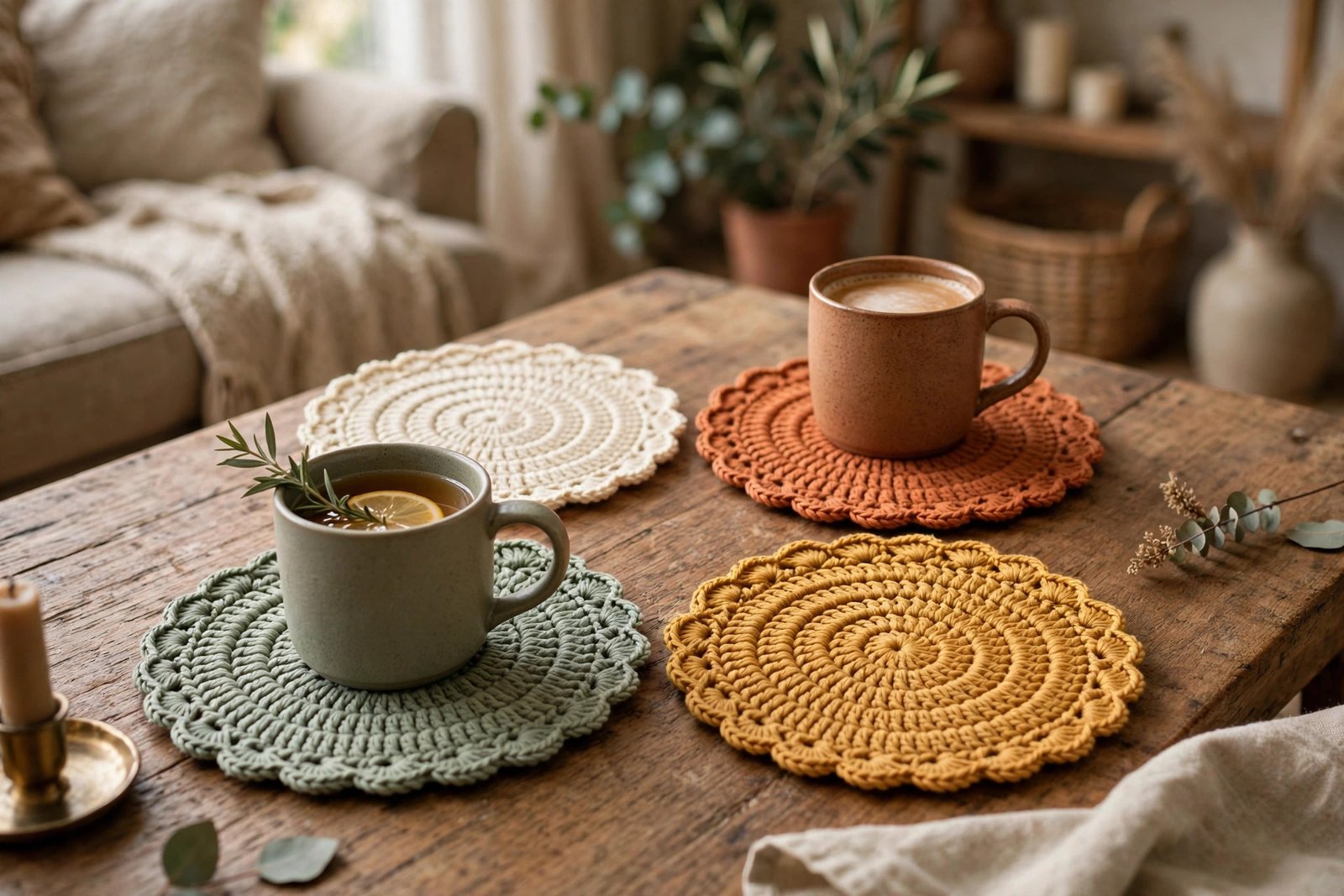 Set of handmade crochet coasters in cream, terracotta, sage and mustard on a coffee table with mugs